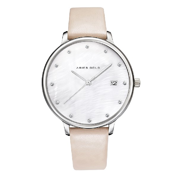 ARIES GOLD ENCHANT FLEUR SILVER STAINLESS STEEL L 5035 S-MP LEATHER STRAP WOMEN'S WATCH